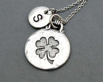 Shamrock necklace, Four Leaf Clover, lucky charm, 4 leaf, initial necklace, hand stamped, personalized, antique silver, monogram