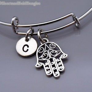 Fatima&#39;s hand bracelet, Silver fatima hand bangle, Silver Hamsa hand charm, Hamsa hand, Expandable bangle, Initial bracelet