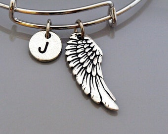 Brazalete de alas de ángel, pulsera de alas de ángel, alas de plata, ángel de la guarda, brazalete expandible, pulsera personalizada, monograma, pulsera con inicial