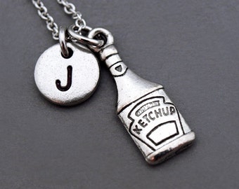 Ketchup Necklace, Tomato Ketchup charm, Ketchup bottle, tomato sauce, red sauce, initial necklace, personalized, monogram