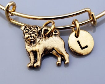 Pug charm bangle, Pug bracelet, Pug dog, gold pug, Expandable bangle, Personalized bracelet, Charm bangle, Monogram, Initial bracelet