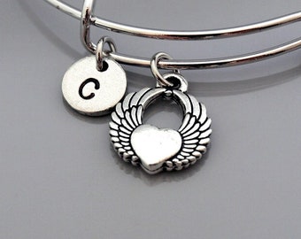 Winged heart bracelet, Angel Wings Heart bracelet, Guardian angel, Expandable bangle, Personalized bracelet, Charm bangle, Initial bracelet