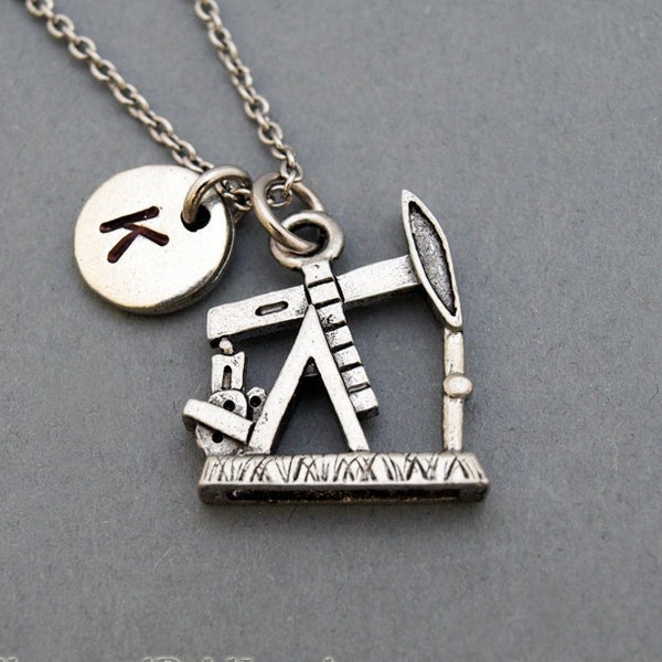 Drilling Rig necklace, Oil rig necklace, initial necklace, initial hand stamped, personalized, antique silver, monogram