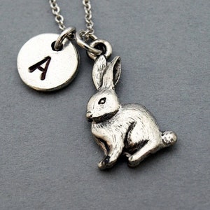 Rabbit Necklace, bunny, easter bunny, initial necklace, initial hand stamped, personalized, antique silver, monogram