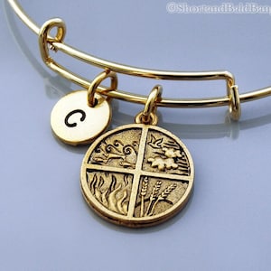 Four elements Bangle, wind water land fire air earth, Four seasons charm, Expandable bangle, Charm bangle, Monogram, Initial bracelet
