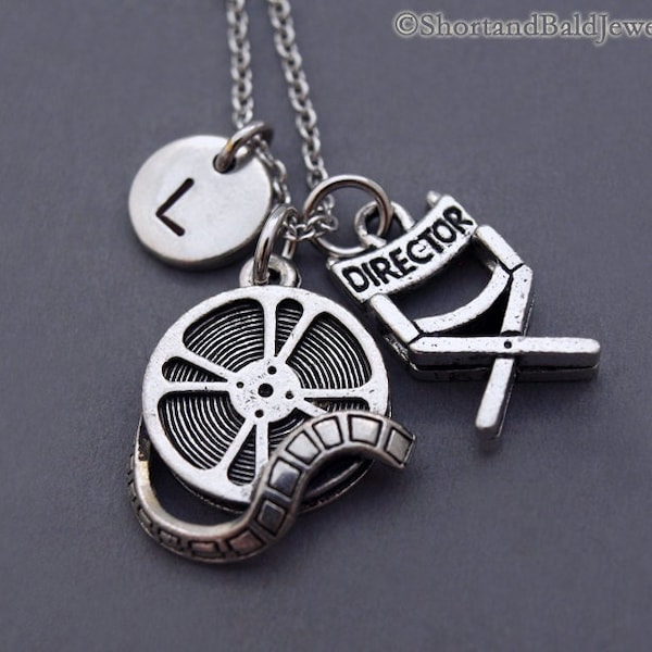 Film reel necklace, Movie reel necklace, Director's chair necklace, Film lover, movie lover, Film student gift, initial necklace