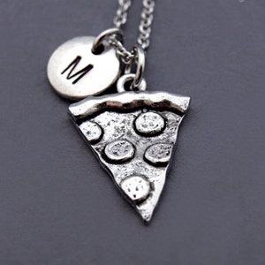 Pizza necklace, Pizza slice, pepperoni pizza, food charm, antique silver, initial necklace, initial hand stamped, personalized, monogram