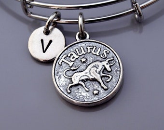 Taurus bracelet, Taurus bangle, Taurus Zodiac charm bracelet, Taurus zodiac bangle, Expandable bangle, Initial bracelet