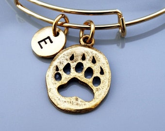 Bear Paw Print bangle, Bear paw bracelet, Expandable bangle, Personalized bracelet, Charm bangle, Monogram, Initial bracelet