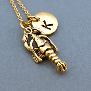 Lobster necklace, Lobster charm, initial necklace, initial hand stamped, personalized, antique gold, monogram