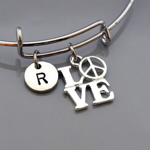 Love peace bangle, Love with peace sign, Peace bracelet, Expandable bangle, Personalized bracelet, Charm bangle, Monogram, Initial bracelet
