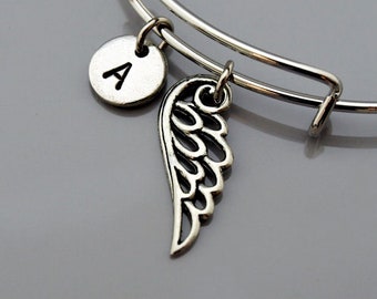 Brazalete de alas de ángel, pulsera de alas de ángel, alas de plata, ángel de la guarda, brazalete expandible, pulsera personalizada, monograma, pulsera con inicial