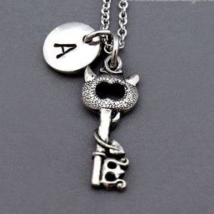 Devil key necklace, Antique key, Devil key charm, Evil key, initial necklace, initial hand stamped, personalized, antique silver, monogram