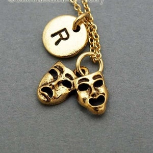 Comedy Tragedy masks necklace, Theatre charm, Greek drama mask, Theatre masks, Broadway mask, initial necklace, personalized, monogram