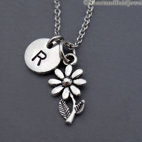 Daisy necklace, flower charm necklace, Daisy flower, silver daisy charm, Silver Daisy jewelry, initial necklace, personalized, monogram