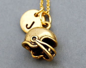 Football helmet necklace, football helmet charm, silver football helmet, antique gold, initial necklace, personalized, monogram