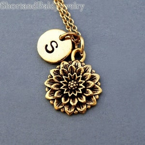 Chrysanthemum necklace, flower charm, Chrysanthemum flower, antique gold, initial necklace, hand stamped, personalized, monogram