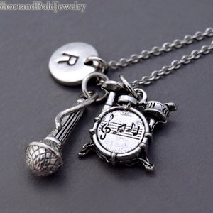 Microphone necklace, Drum necklace, Drum set charm, Musician, Mic necklace, Mike, music, initial necklace, personalized, monogram