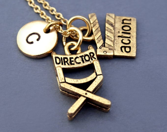 Clapperboard Necklace, Director's chair necklace, film clapper board, movie clapper, film slate, Movie action clapper, initial necklace