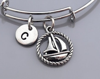 Sailboat Bangle, Sailboat bracelet, Yacht Bracelet, Yacht bangle, Sailing boat, Expandable bangle, Charm bangle, Monogram, Initial bracelet