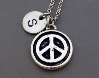 Peace sign necklace, peace symbol necklace, silver peace sign, initial necklace, hand stamped, personalized, antique silver, monogram