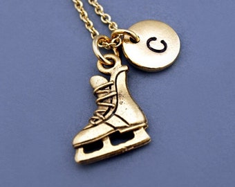 Ice Hockey Skate necklace, Ice hockey skates charm, Gold hockey skate charm necklace, initial necklace, personalized, monogram