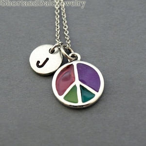 Peace sign necklace, multicolor peace, Peace symbol necklace, initial necklace, hand stamped, personalized, antique silver, monogram