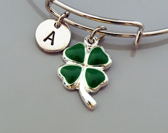 Four Leaf Clover Bangle, lucky charm, 4 leaf, Green Shamrock charm, Green clover, Green 4 leaf clover, Expandable bangle, Initial bracelet