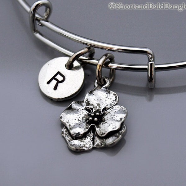 Pansy bracelet, Silver Pansy flower charm bangle, garden charm, Pansies, viola flower, violet flower, Charm bangle, Initial bracelet