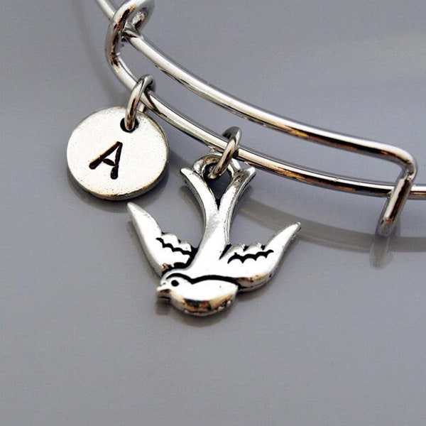 Swallow charm bangle, Swallow bracelet, Bird charm, Expandable bangle, Personalized bracelet, Charm bangle, Monogram, Initial bracelet
