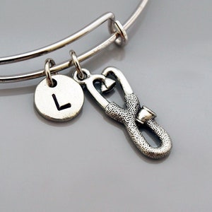 Stethoscope charm bangle, Acoustic Stethoscope bracelet, Medical student graduation, Dotor, Expandable bangle, Initial bracelet