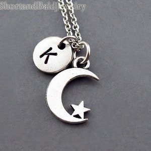 Crescent moon star necklace, Crescent moon star charm, Moon and star, initial necklace, initial hand stamped, personalized, monogram
