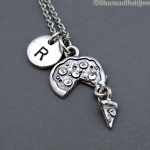 Pizza necklace, Pizza slice, pepperoni pizza, food charm, antique silver, initial necklace, initial hand stamped, personalized, monogram