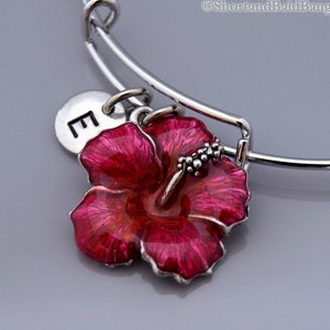 Hibiscus bangle, Pink Hibiscus, Hibiscus flower bracelet, Expandable bangle, Personalized bracelet, Charm bangle, Monogram, Initial bracelet