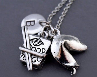 Chinese takeout Necklace, chopsticks Necklace, Chinese fortune cookie necklace, Chinese food, take out charm, chinese food to go, monogram