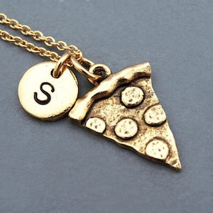 Pizza necklace, Pizza slice, pepperoni pizza, food charm, gold pizza, initial necklace, initial hand stamped, personalized, monogram