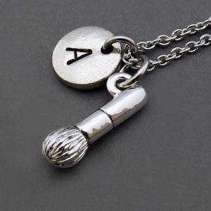 Cosmetic brush Necklace, Beautician necklace, makeup brush, antique silver, initial necklace, initial hand stamped, personalized, monogram