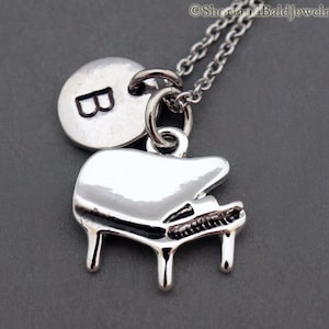 Grand Piano necklace, Grand piano charm, Music charm, initial necklace, initial hand stamped, personalized, antique silver, monogram