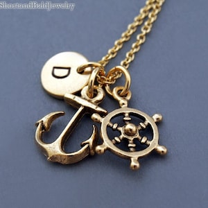 Ankerketting, sieraad met ankerhanger, anker en stuurwiel, ketting met scheepsstuurwiel, oud zeilschip, nautisch, gepersonaliseerd, monogram