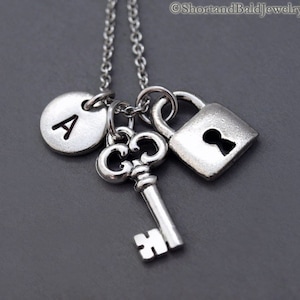 Padlock charm Necklace, Antique key necklace, Silver padlock, silver antique key, pad lock, key and lock necklace, monogram
