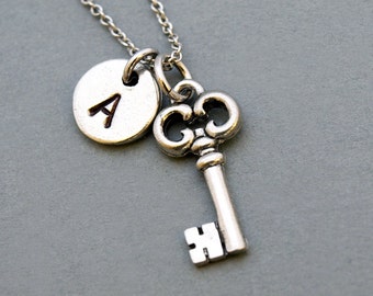 Small Key necklace, antique key necklace, initial necklace, initial hand stamped, personalized, antique silver, monogram