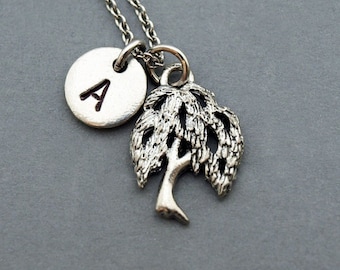 Willow tree necklace, silver willow tree, Willow tree jewelry, initial necklace, initial hand stamped, personalized, monogram