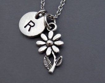 Daisy necklace, flower charm necklace, Daisy flower, silver daisy charm, Silver Daisy jewelry, initial necklace, personalized, monogram