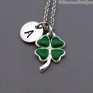 Four Leaf Clover necklace, lucky charm, 4 leaf, Shamrock, initial necklace, hand stamped, personalized, antique silver, monogram