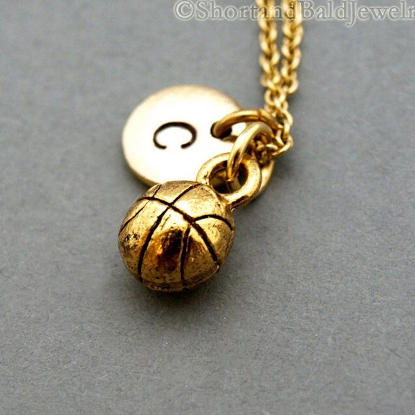 Basketball necklace, Basketball ball charm, sports charm necklace, initial necklace, personalized, antique gold, monogram