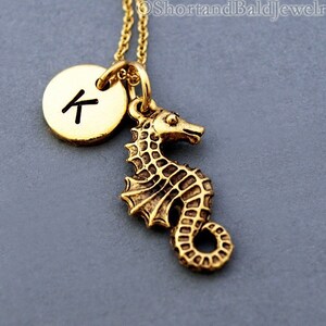 Seahorse necklace, Sea horse, Seahorse charm, initial necklace, initial hand stamped, personalized, antique gold, monogram