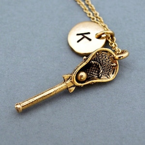Lacrosse charm necklace, Lacrosse stick necklace, antique gold, initial necklace, personalized, monogram