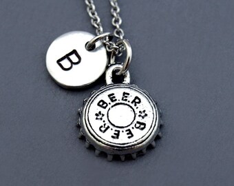 Beer cap necklace, Beer bottle cap, Bottle cap necklace, Silver bottle cap, beer lover, initial necklace, personalized, monogram