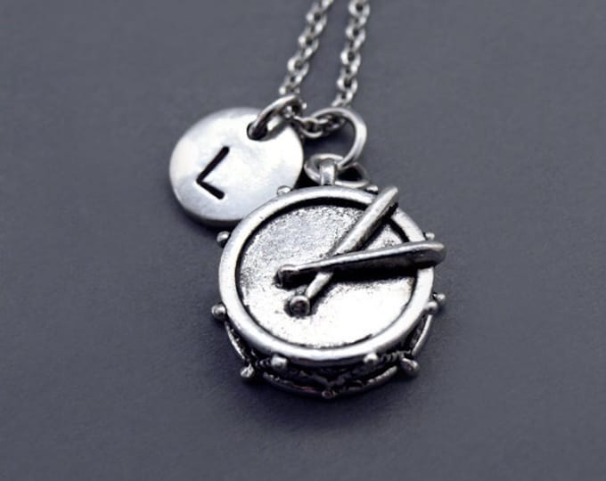 Drums Necklace, Silver drum charm, Drum stick necklace, Music, Drummer, Musician, initial necklace, personalized, antique silver, monogram