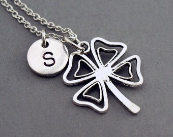 Four Leaf Clover necklace, lucky charm necklace, 4 leaf, Shamrock, initial necklace, hand stamped, personalized, antique silver, monogram